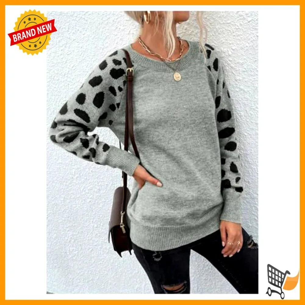 Leopard Print Crewneck Sweater Long Sleeve Knit Pullover Fall Casual Top - Picture 4 of 5